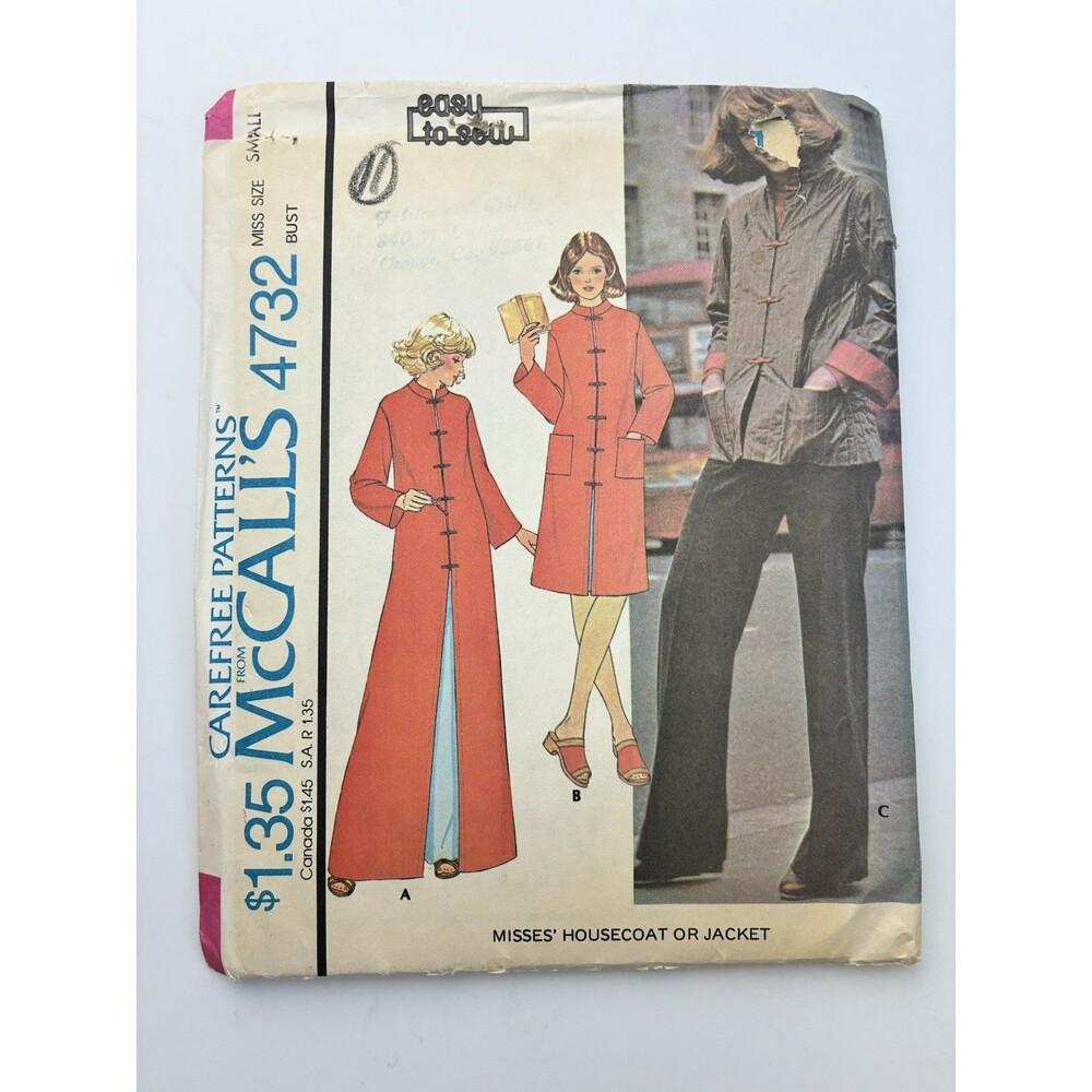 Coat Jacket Chinese Button Closure Stand Up Collar UNCUT Pattern 4732 Size 10-12